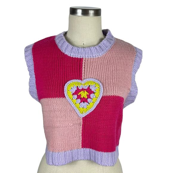 The Ragged Priest Sweaters - THE RAGGED PRIEST Pink Purple Heart Crochet Knit Cropped Sleeveless Sweater Med